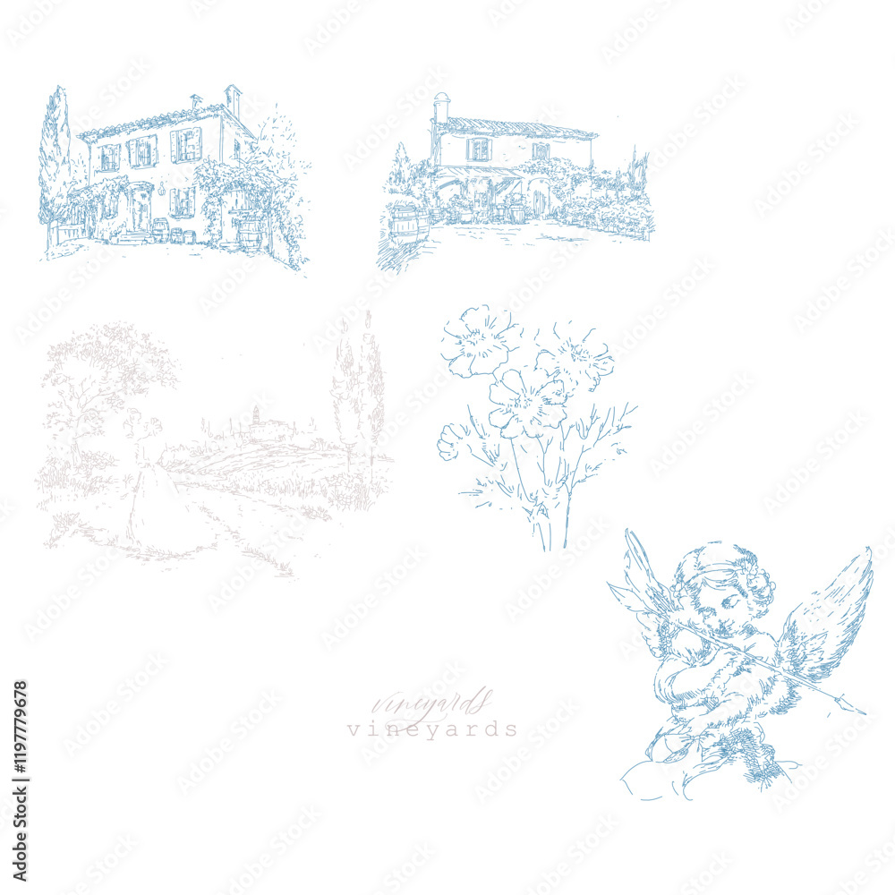Fototapeta premium Tuscan Villa or Provence rough sketched abstract 