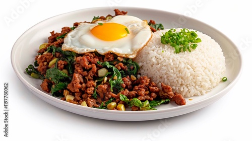 A plate Pad Kra Pao of stir-fried basil with minced pork, a fried egg on top, and jasmine rice, served on a white plate isolated on a white background