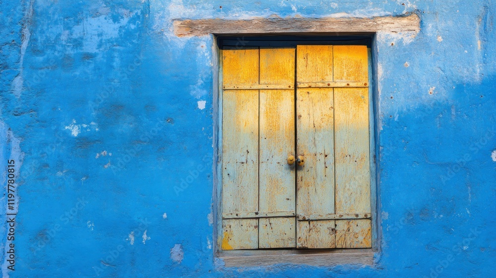 A weathered wooden door with yellow panels set against a vibrant blue wall. A weathered wooden door with yellow panels set against a vibrant blue wall.