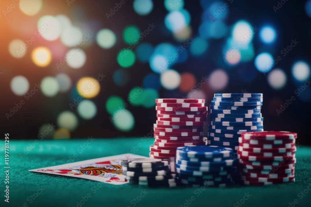 Stacks of colorful poker chips and a playing card on a green felt table with blurred casino lights in the background Stacks of colorful poker chips and a playing card on a green felt table with blurred casino lights in the background