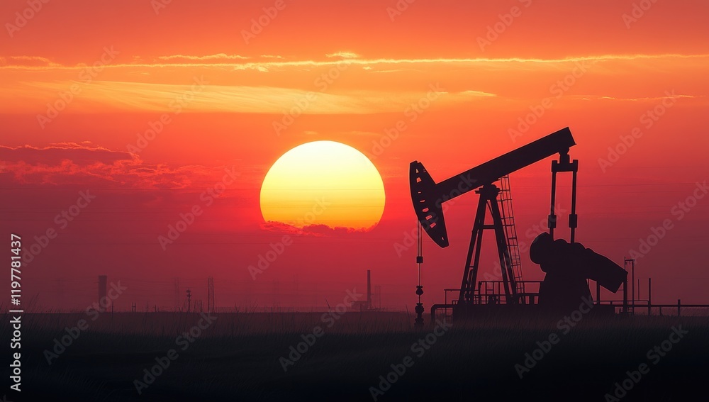 Sunset casts a warm glow over the landscape with a silhouetted oil pumpjack in the foreground. The sky is painted in shades of orange and red, creating a serene atmosphere Sunset casts a warm glow over the landscape with a silhouetted oil pumpjack in the foreground. The sky is painted in shades of orange and red, creating a serene atmosphere