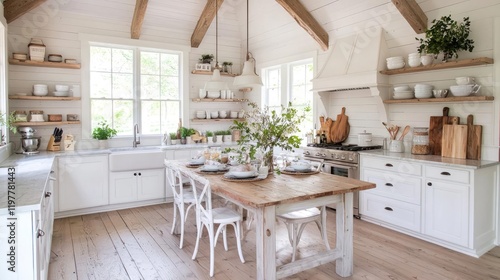 Farmhouse kitchen interior design, wooden table, white cabinets, natural light.  Ideal for home decor blogs