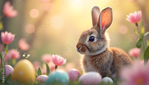 Adorable rabbit sitting among colorful Easter eggs and flowers in a sunny garden, joyful atmosphere, serene mood photo