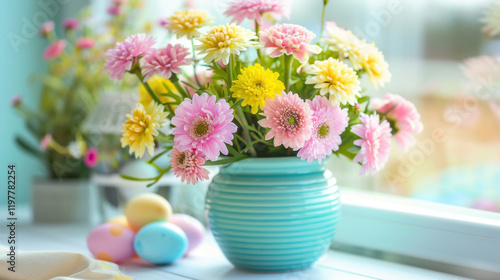 Wallpaper Mural vibrant bouquet of pink, yellow, and white flowers in blue vase, surrounded by colorful Easter eggs, creating cheerful spring atmosphere Torontodigital.ca