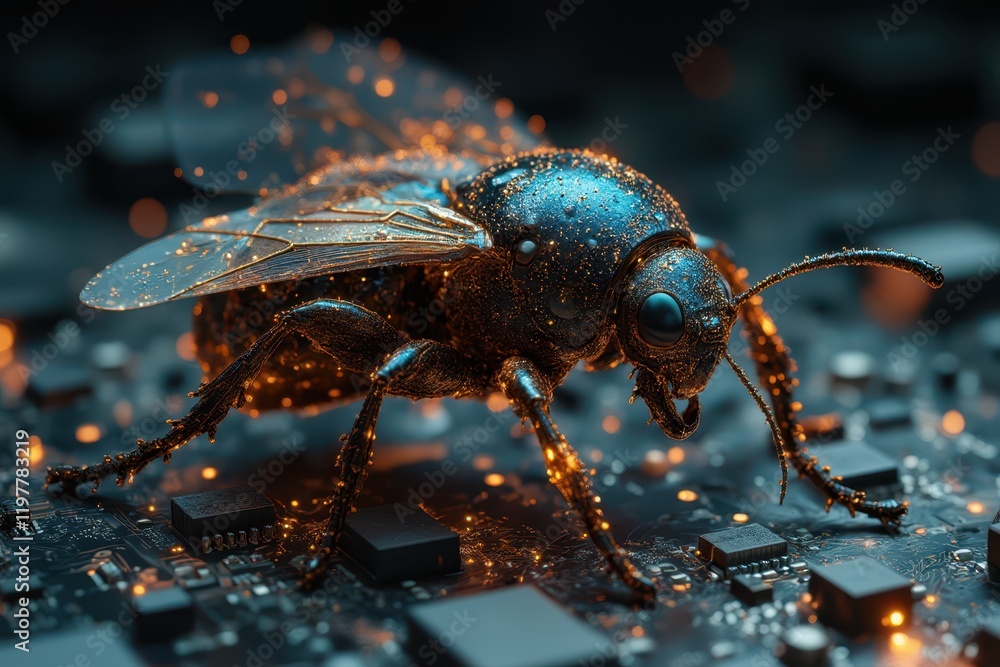 Fototapeta premium a bee with glowing blue wings on a black background