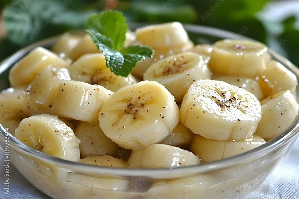 Spiced banana dessert, close-up, kitchen, greenery Spiced banana dessert, close-up, kitchen, greenery