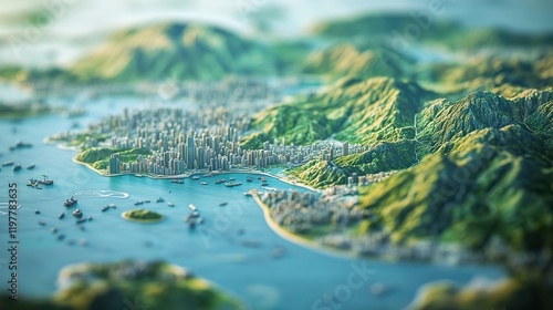 A detailed topographical map of Hong Kong, showcasing its unique landscapes and urban areas