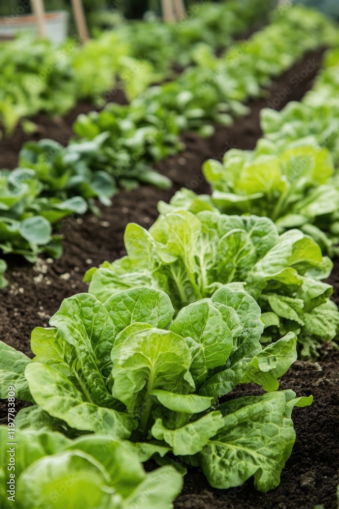 A collection of fresh lettuce plants in a garden bed, with soil tilled and ready for cultivation. Harvested from an organic farm. A collection of fresh lettuce plants in a garden bed, with soil tilled and ready for cultivation. Harvested from an organic farm.