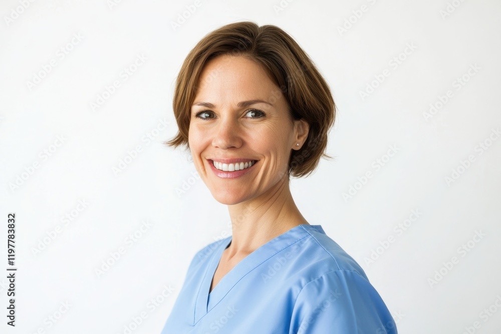 Smiling woman with short hair, wearing a blue medical scrub. She is a caregiver or nurse in a modern clinic environment. Smiling woman with short hair, wearing a blue medical scrub. She is a caregiver or nurse in a modern clinic environment.