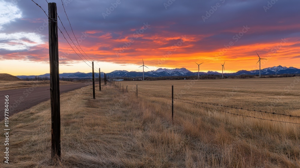 Obraz premium A serene sunset over rolling hills features wind turbines silhouetted against vibrant red and orange skies, symbolizing renewable energy and tranquility.