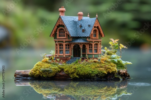 A miniature Victorian house sits idyllically on a mossy island, reflecting in serene water. photo