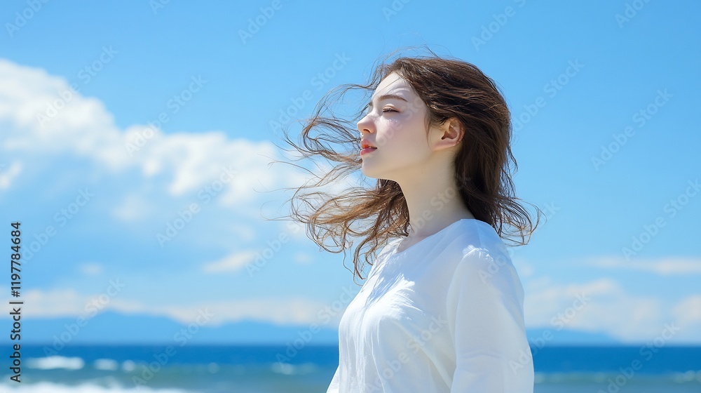 Woman breathes fresh ocean air, sunny beach, blue sky Woman breathes fresh ocean air, sunny beach, blue sky