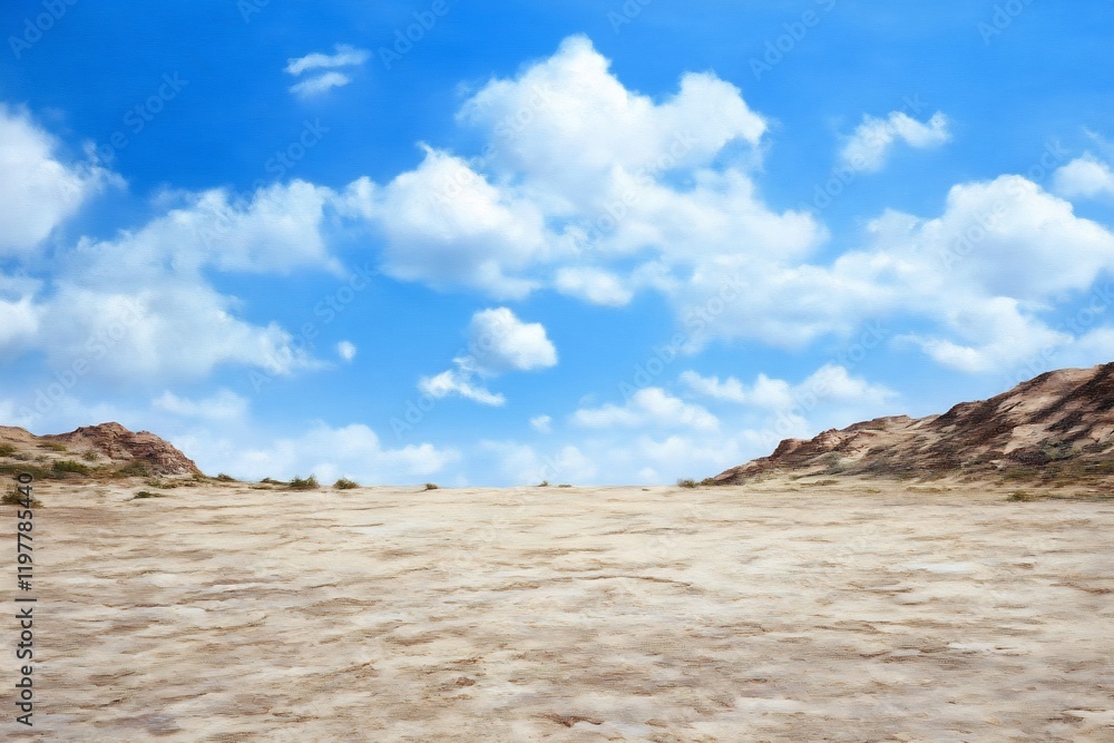 Desert landscape, sunny day, vast expanse, blue sky, clouds Desert landscape, sunny day, vast expanse, blue sky, clouds
