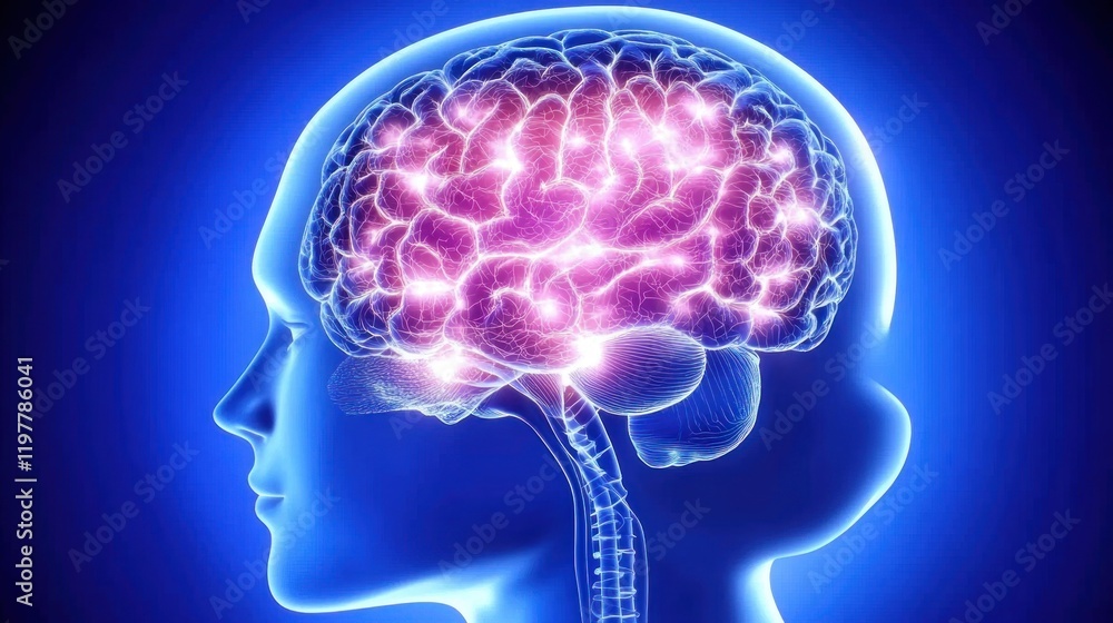 A digital representation of a human brain with glowing connections against a blue background. A digital representation of a human brain with glowing connections against a blue background.