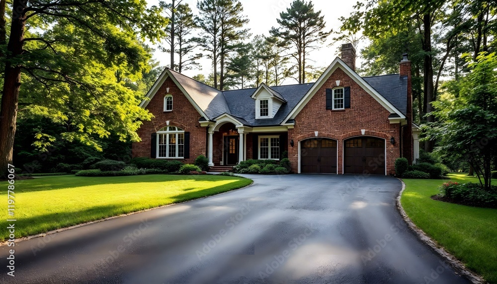 Charming brick house with a paved driveway surrounded by greenery, ideal for real estate.
Charming brick house with a paved driveway surrounded by greenery, ideal for real estate.