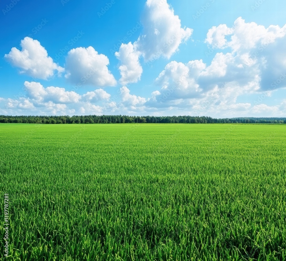 A large field of green grass with a clear blue sky above A large field of green grass with a clear blue sky above