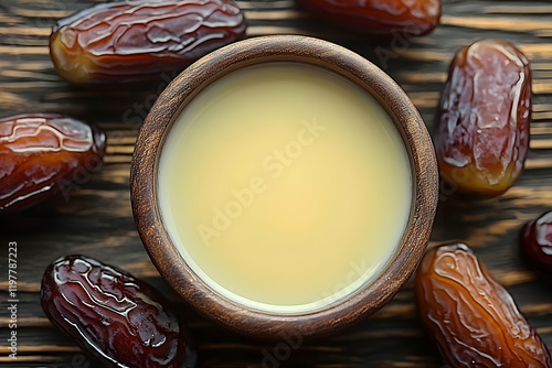 Dates milk drink bowl wood background recipe photo