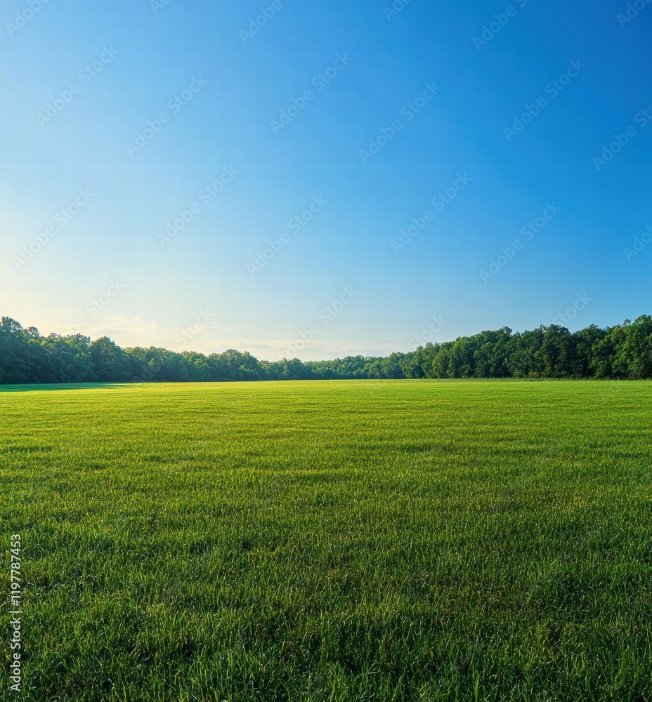 Fototapeta premium A large, open field with a blue sky and trees in the background