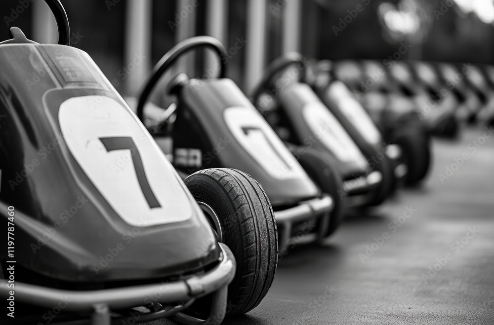 A row of go karts with numbers 7 through 9 on the front A row of go karts with numbers 7 through 9 on the front