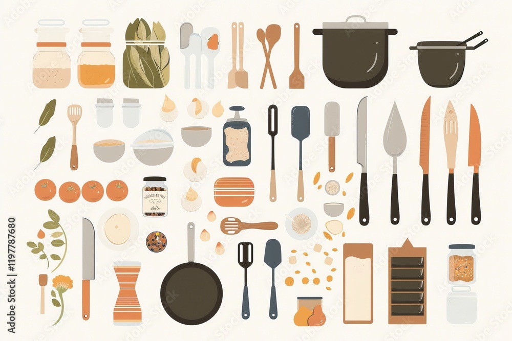 A collection of kitchen utensils and ingredients for cooking and baking. A collection of kitchen utensils and ingredients for cooking and baking.