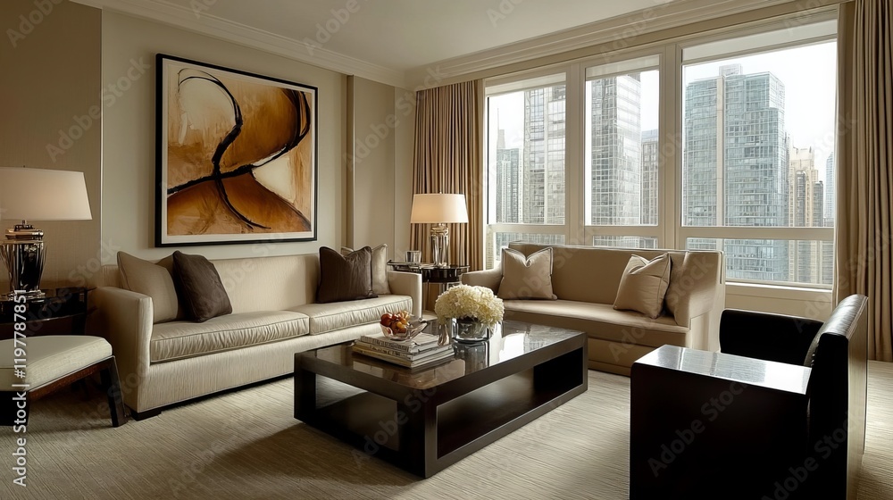 Fototapeta premium This living room boasts a modern design with a cozy ambiance, featuring stylish furniture and neutral hues. The large windows flood the space with natural light, while the plush couch
