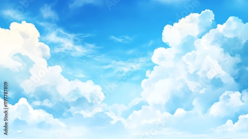 A serene blue sky filled with fluffy white clouds, creating a peaceful atmosphere.