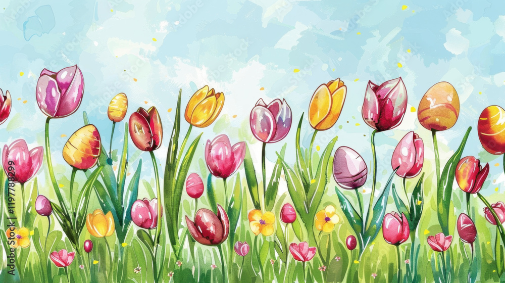 Bright and colorful tulips in vibrant garden setting, showcasing various shades of pink, yellow, and purple. cheerful flowers bloom under sunny sky, creating joyful atmosphere Bright and colorful tulips in vibrant garden setting, showcasing various shades of pink, yellow, and purple. cheerful flowers bloom under sunny sky, creating joyful atmosphere