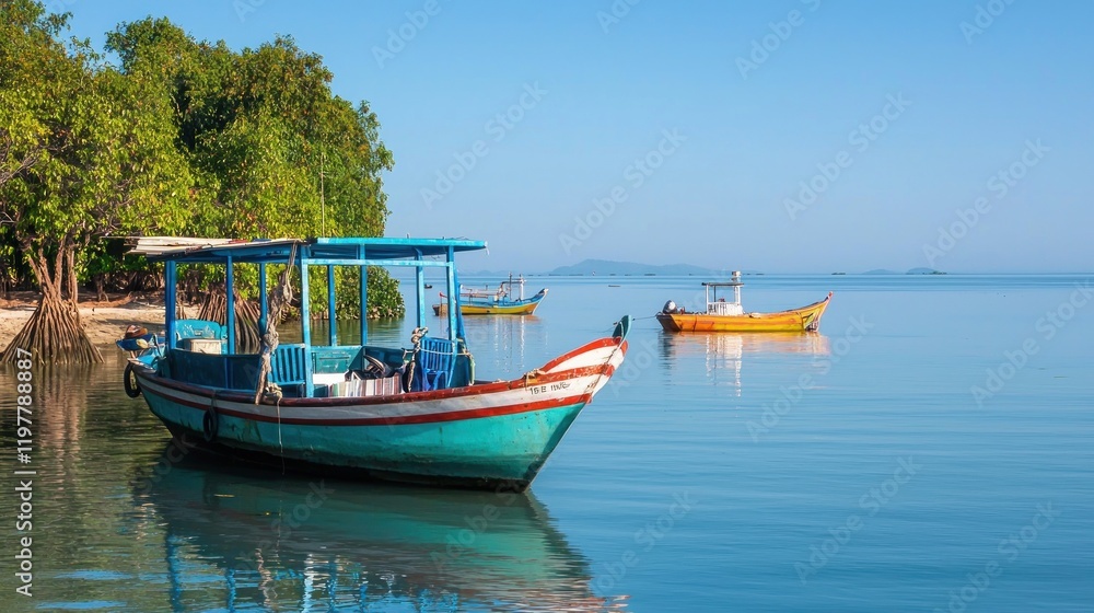 Tropical boat moored, calm sea, island background, tourism Tropical boat moored, calm sea, island background, tourism