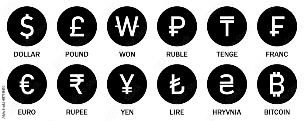 Vector set of international currency. Collection of currency icons. Popular currency sign symbol. World currency silhouette icons set isolated on a white background. Flat design. Vector illustration.