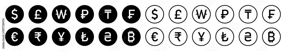 Set of international currency vector icons. Collection of currency icons. Popular currency sign symbol. World currency silhouette and line icons set isolated. Flat design. Vector illustration. Set of international currency vector icons. Collection of currency icons. Popular currency sign symbol. World currency silhouette and line icons set isolated. Flat design. Vector illustration.