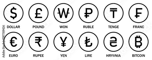 Set of international currency vector icons. Collection of currency icons. Popular currency sign symbol. World currency silhouette and outline icons set isolated. Flat design. Vector illustration.