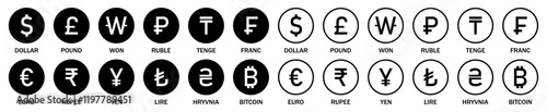 Set of international currency vector icons. Collection of currency icons. Popular currency sign symbol. World currency silhouette and outline icons set isolated. Flat design. Vector illustration.