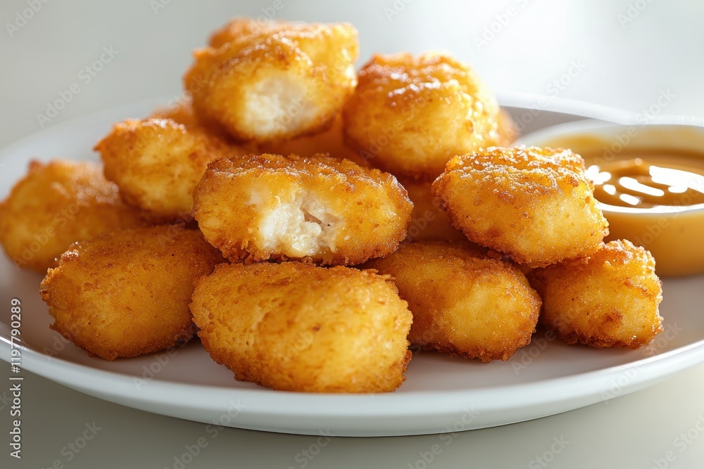 Crispy, golden-brown chicken nuggets served with a side of dipping sauce. Crispy, golden-brown chicken nuggets served with a side of dipping sauce.