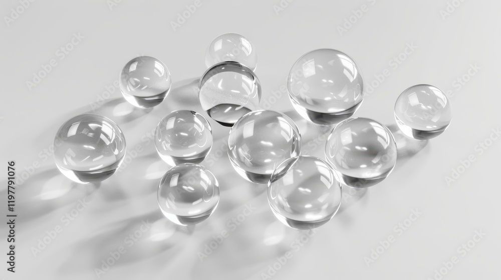 A collection of transparent glass spheres casting shadows on a white surface. A collection of transparent glass spheres casting shadows on a white surface.