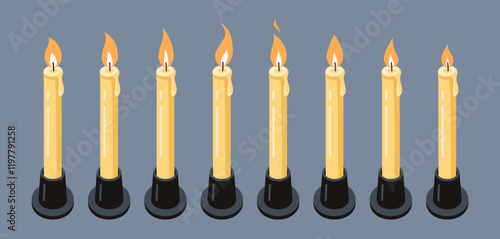 Candle flame for animation. Vector fire burning. Animated candlelight sprite sheet. Sequence of wax flickering candlesticks for games, videos, GIFs. Set of different icons on dark background.