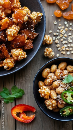 bold and messy spread of spicy-sweet snacks Swicy, bursting with vibrant colors and textures. The composition features caramel-drizzled chili popcorn scattered across a rustic wooden table photo