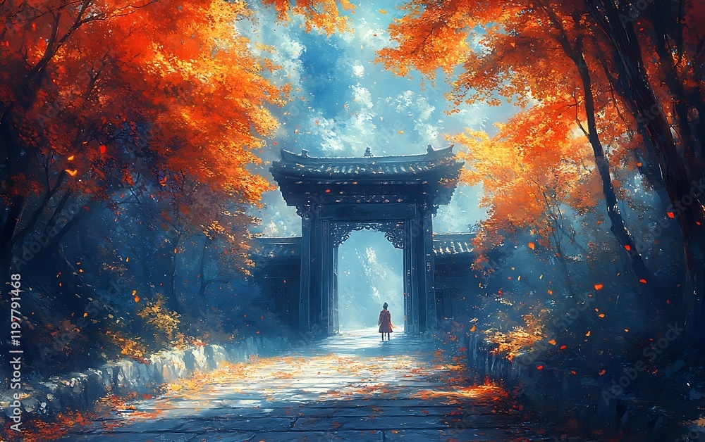 Fototapeta premium Autumn Sunlight Painting Ancient Gate and Trees