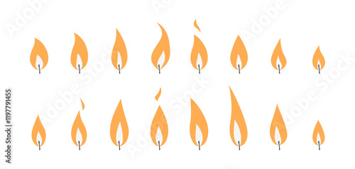 Candle flame for animation. Fire vector icons. Symbols of burning candlelight, sprite sheet for videos. Set of simple silhouettes. Illustration isolated on white background in flat style.