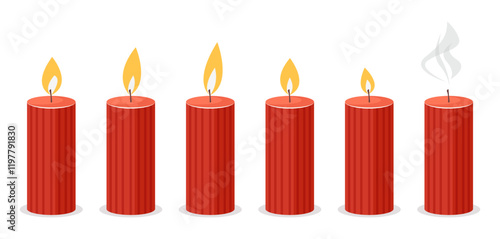 Candle flame for animation. Vector fire burning. Animated candlelight sprite sheet. Sequence of red wax flickering candlesticks for games, videos. Set of different icons on white background.