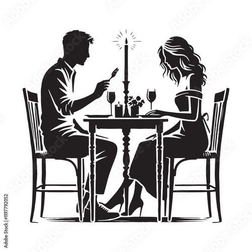 Captivating couple silhouette with a candlelight dinner - Romantic dinner vector, Couple illustration, Valentine silhouette

