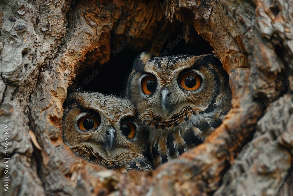 Two owls are peering out of their tree hollow, their large orange eyes captivating the viewer Two owls are peering out of their tree hollow, their large orange eyes captivating the viewer
