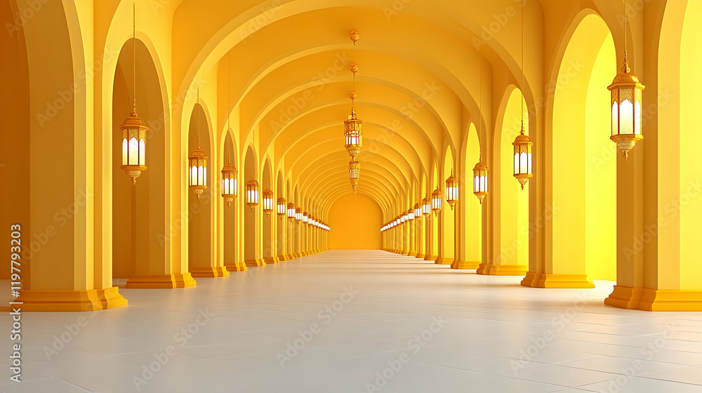 Golden arched hallway, lanterns, sunlight, 3D render, background Golden arched hallway, lanterns, sunlight, 3D render, background