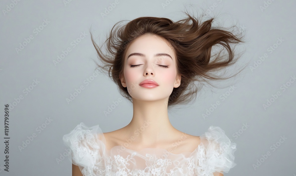 Serene woman, hair flowing, studio shot, peaceful background, beauty ad Serene woman, hair flowing, studio shot, peaceful background, beauty ad