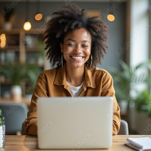 energetic woman with a warm smile working on her laptop at a modern workspace, morning