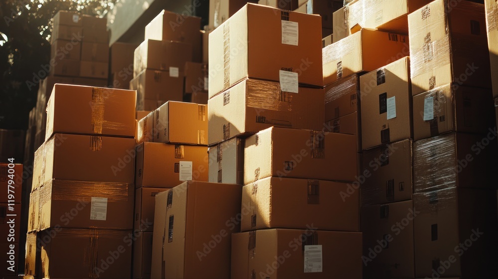 A stack of cardboard boxes in a warehouse, ready for shipping or storage. A stack of cardboard boxes in a warehouse, ready for shipping or storage.