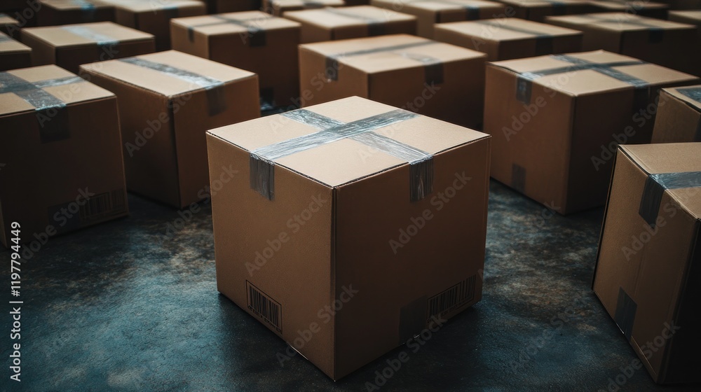A collection of cardboard boxes arranged on a warehouse floor, suggesting storage or shipping. A collection of cardboard boxes arranged on a warehouse floor, suggesting storage or shipping.
