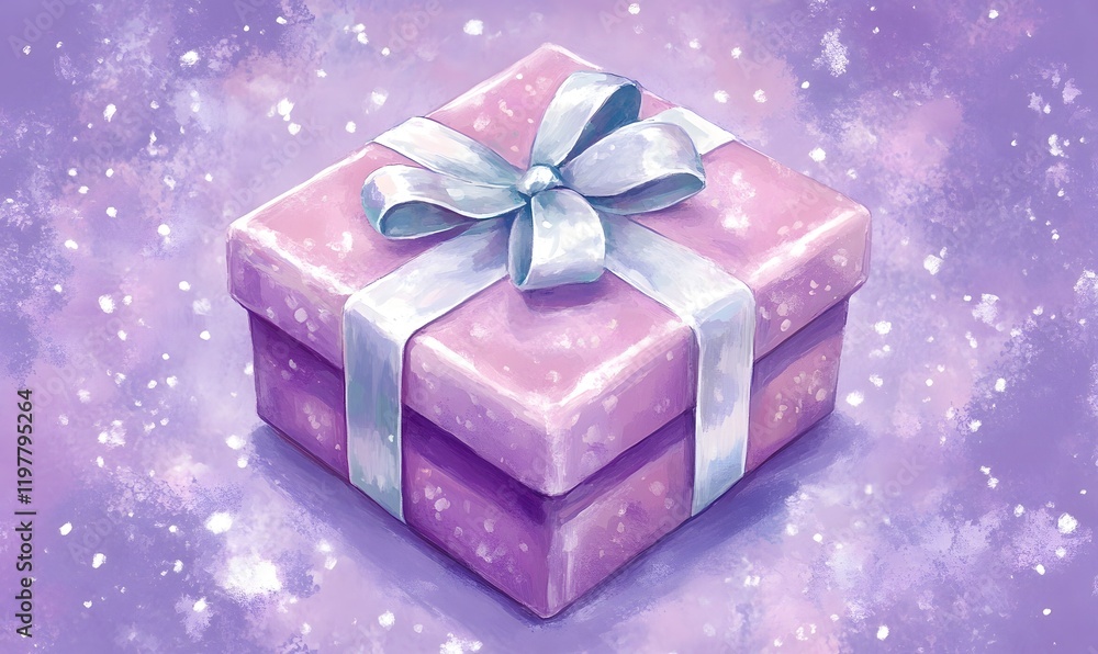 Purple gift box with silver ribbon on sparkly background. Purple gift box with silver ribbon on sparkly background.