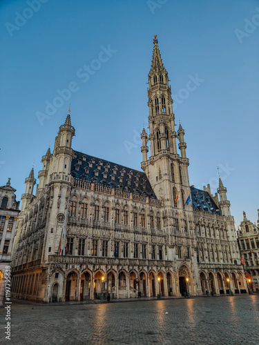 Brussels, Belgium, January 10, 2024. Brussels City Hall in Gothic style on the Grand Place.