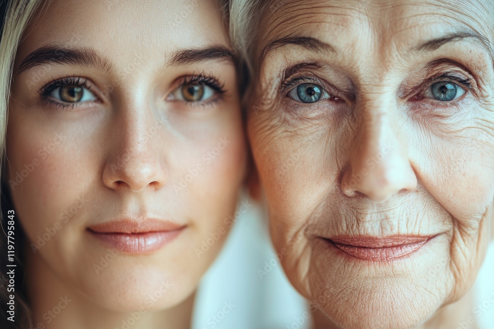 Portrait of two women representing different generations with close-up expressions and shared beauty Portrait of two women representing different generations with close-up expressions and shared beauty