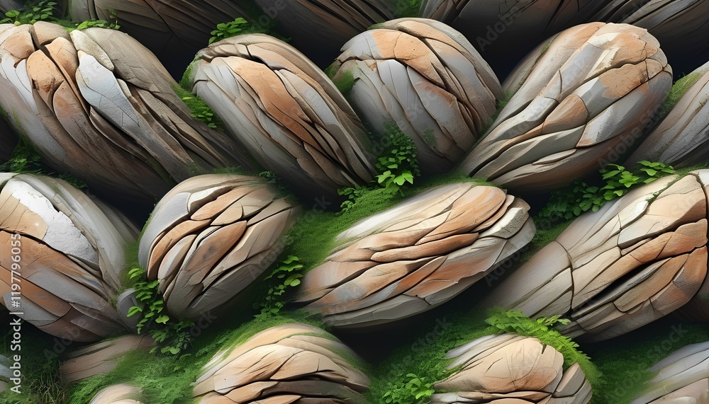 Striking patterns of textured stones with lush greenery in a vibrant natural landscape during daylight Striking patterns of textured stones with lush greenery in a vibrant natural landscape during daylight